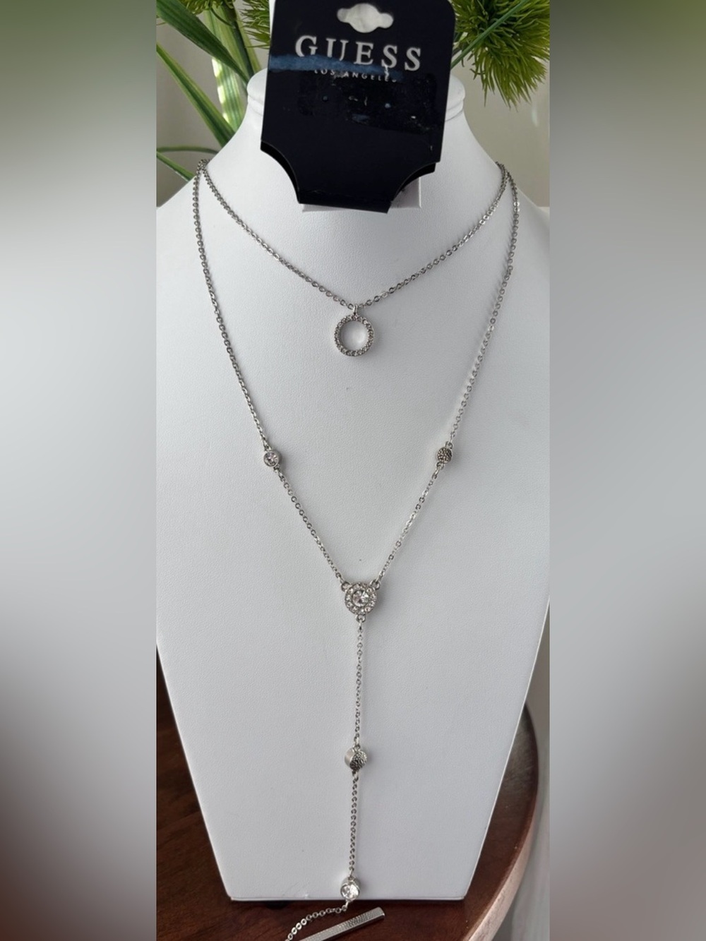 Guess Layered Silvertone  Long chain & choker clear circle rhinestones,elegant